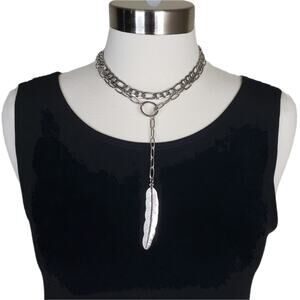 ADORNIA Mixed Chain Feather Lariat Layered Necklace NEW